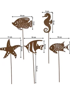 5er Set Gartenstecker Rost Fische in Braun