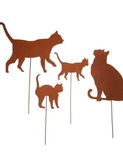 4er Set Gartenstecker Rost Katzen in Braun