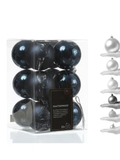 12er Set Weihnachtskugeln bruchfest D: 6cm Baumkugeln in dunkelblau