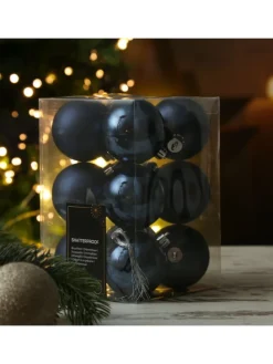 12er Set Weihnachtskugeln bruchfest D: 6cm Baumkugeln in dunkelblau