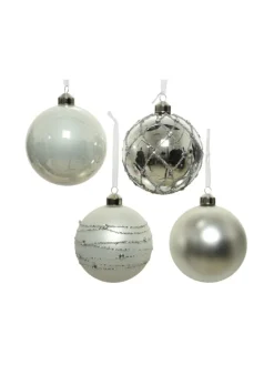 4er Set Weihnachtskugeln Glas D: 10cm in silber, weiß