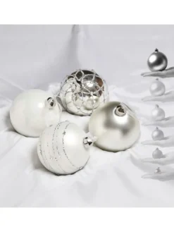 4er Set Weihnachtskugeln Glas D: 10cm in silber, weiß