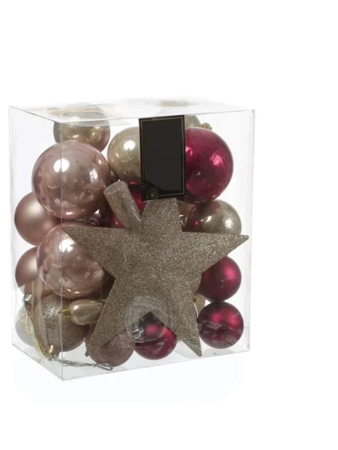 33er Set Weihnachtskugeln mit Stern Baumspitze bruchfest pink, rosa