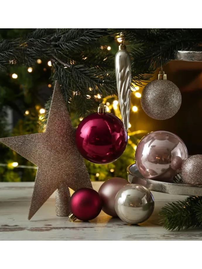 33er Set Weihnachtskugeln mit Stern Baumspitze bruchfest pink, rosa