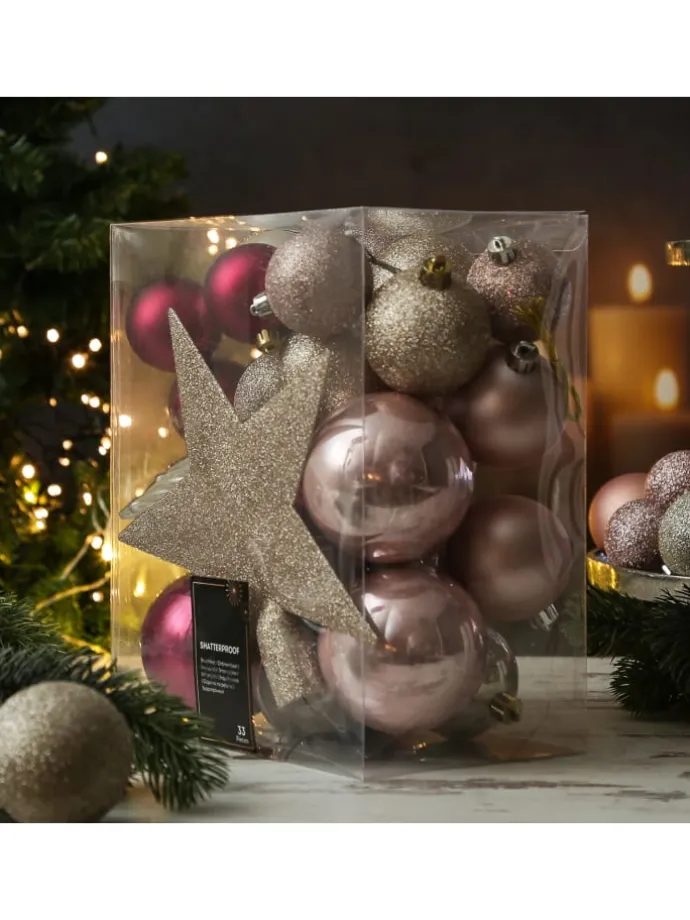 33er Set Weihnachtskugeln mit Stern Baumspitze bruchfest pink, rosa