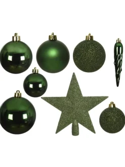 33er Set Weihnachtskugeln mit Stern Baumspitze bruchfest in grün
