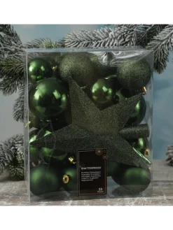 33er Set Weihnachtskugeln mit Stern Baumspitze bruchfest in grün