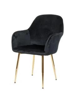 6er-Set Retro Esszimmerstuhl F18, Samt schwarz, goldene Beine