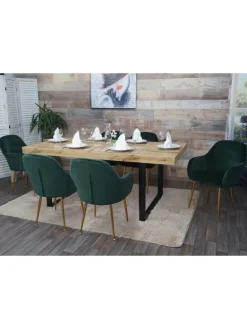 2er-Set Retro Esszimmerstuhl F18, Samt grün, goldene Beine