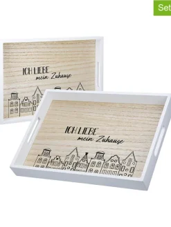 2er-Set Tabletts "Stadtlichter" in Weiß/ Hellbraun - (L)35 x (B)25 x (H)4 cm