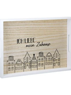 2er-Set Tabletts "Stadtlichter" in Weiß/ Hellbraun - (L)35 x (B)25 x (H)4 cm