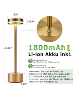 2er-Set Tischleuchte LED in gold Akku Kabellos Touch Dimmbar H 31.5cm