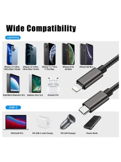 3er-Set: USB-C-Lightning-Kabel in Schwarz - (L)1 m