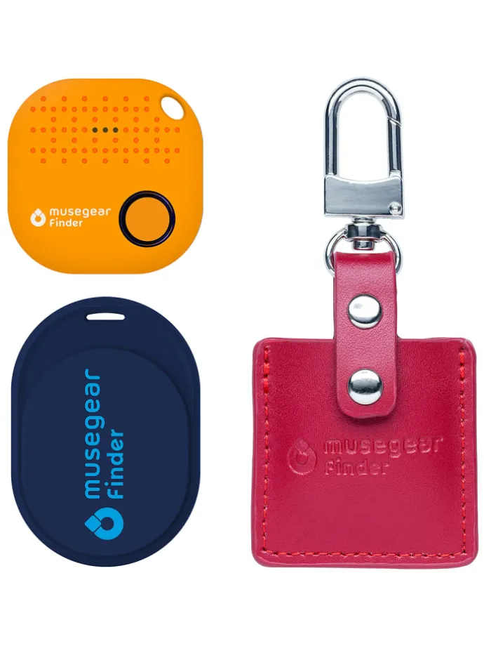 Finder Mini dunkelblau, Finder 2 orange, Finder 2 in Ledertasche Bordeaux