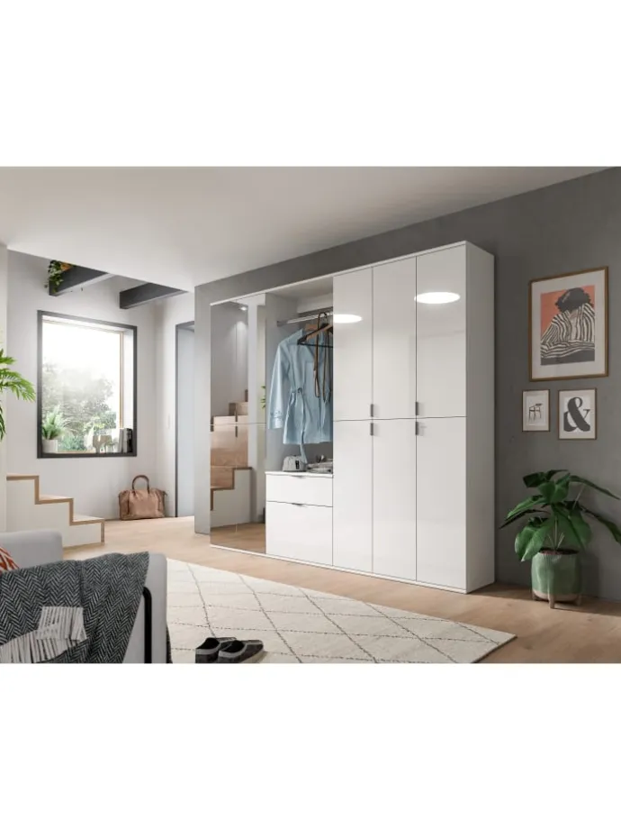 Garderobenkombination (B/H/T: 213x193x34 cm) in weiß und weiß Hochglanz