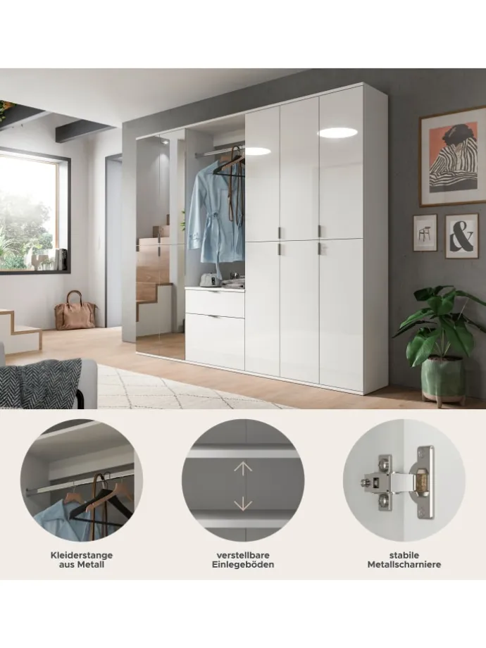 Garderobenkombination (B/H/T: 213x193x34 cm) in weiß und weiß Hochglanz