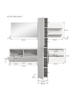 Garderobenkombination (B/H/T: 174x191x37 cm) in weiß hochglanz