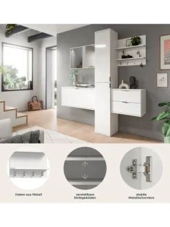 Garderobenkombination (B/H/T: 174x191x37 cm) in weiß hochglanz