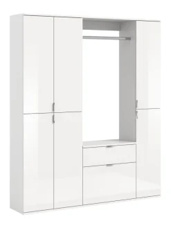 Garderobenkombination (B/H/T: 152x193x34 cm) in weiß und weiß Hochglanz