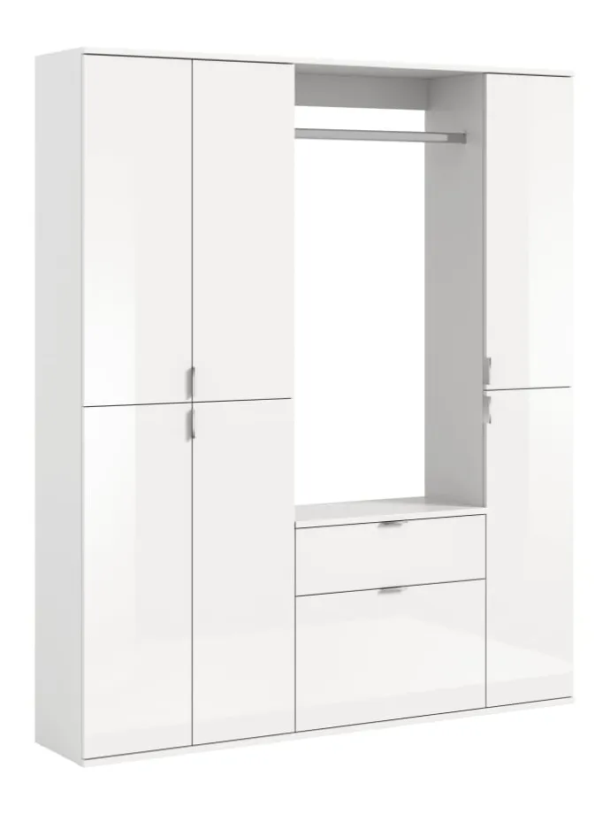 Garderobenkombination (B/H/T: 152x193x34 cm) in weiß und weiß Hochglanz