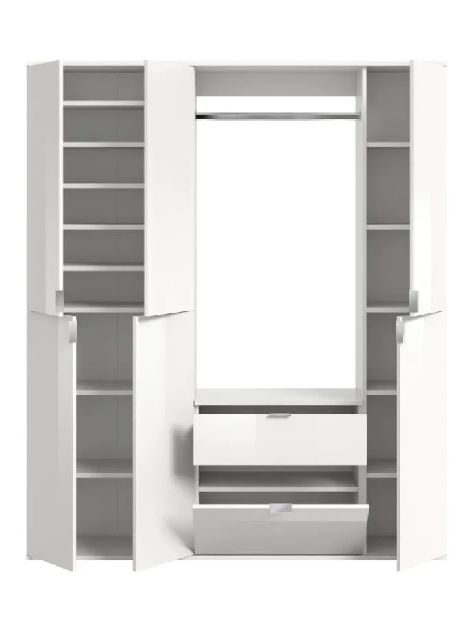Garderobenkombination (B/H/T: 152x193x34 cm) in weiß und weiß Hochglanz