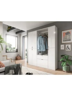 Garderobenkombination (B/H/T: 152x193x34 cm) in weiß und weiß Hochglanz