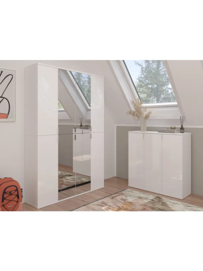 Garderobenkombination (B/H/T: 183x99x34 cm) in weiß und weiß Hochglanz