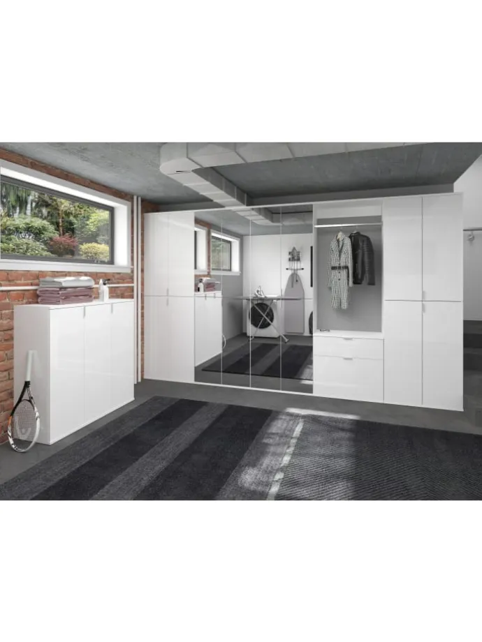Garderobenkombination (B/H/T: 183x99x34 cm) in weiß und weiß Hochglanz