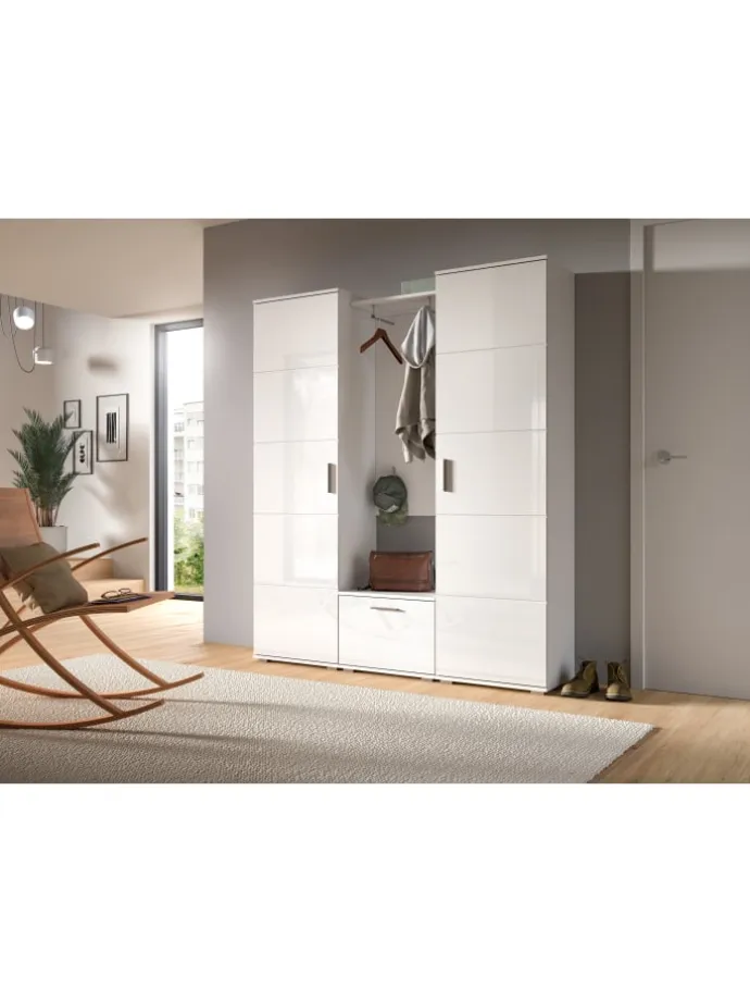 Garderobenkombination (B/H/T: 165x191x37 cm) in weiß und weiß Hochglanz