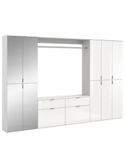 Garderobenkombination (B/H/T: 273x193x34 cm) in weiß und weiß Hochglanz