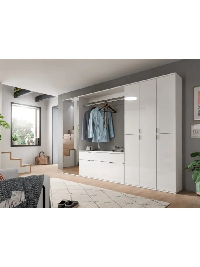 Garderobenkombination (B/H/T: 273x193x34 cm) in weiß und weiß Hochglanz