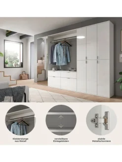 Garderobenkombination (B/H/T: 273x193x34 cm) in weiß und weiß Hochglanz