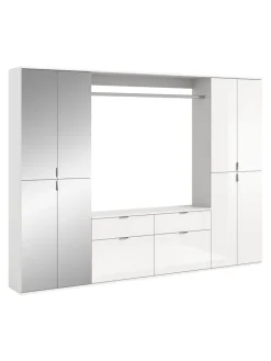 Garderobenkombination (B/H/T: 243x193x34 cm) in weiß und weiß Hochglanz