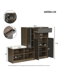 Garderobenset in Grau mit Sitzbank 4 Haken und Schubladen 100x180x35 cm