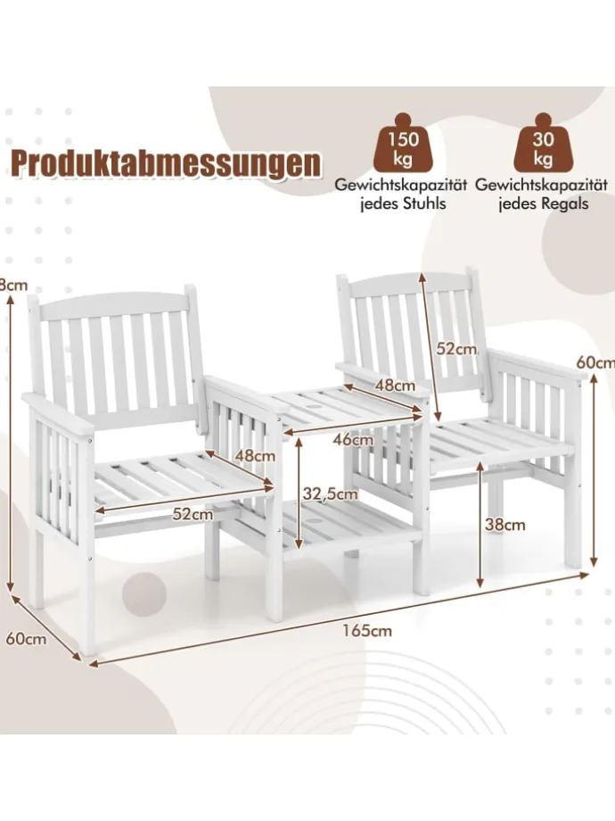 Gartenbank mit Tisch 165x60x88cm in Weiß