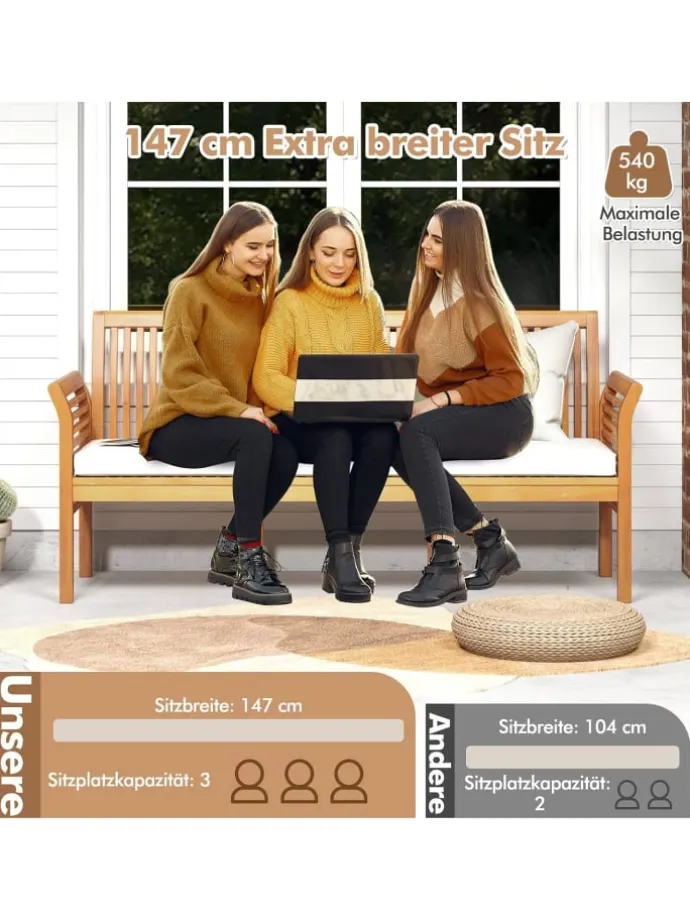 Gartenbank Akazienholz für 3 Personen in Beige
