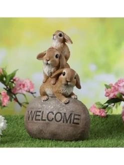 Gartenfigur Welcome 3 Häschen auf Stein H: 26cm in braun