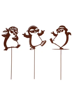 Gartenstecker Pinguine, Lustige Gartendeko aus Metall in Braun