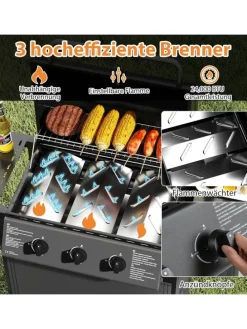 Gasgrill mit 3 Brenner 7 kW in Schwarz