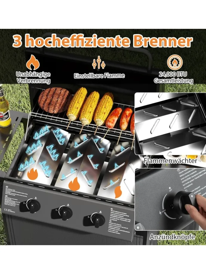 Gasgrill mit 3 Brenner 7 kW in Schwarz