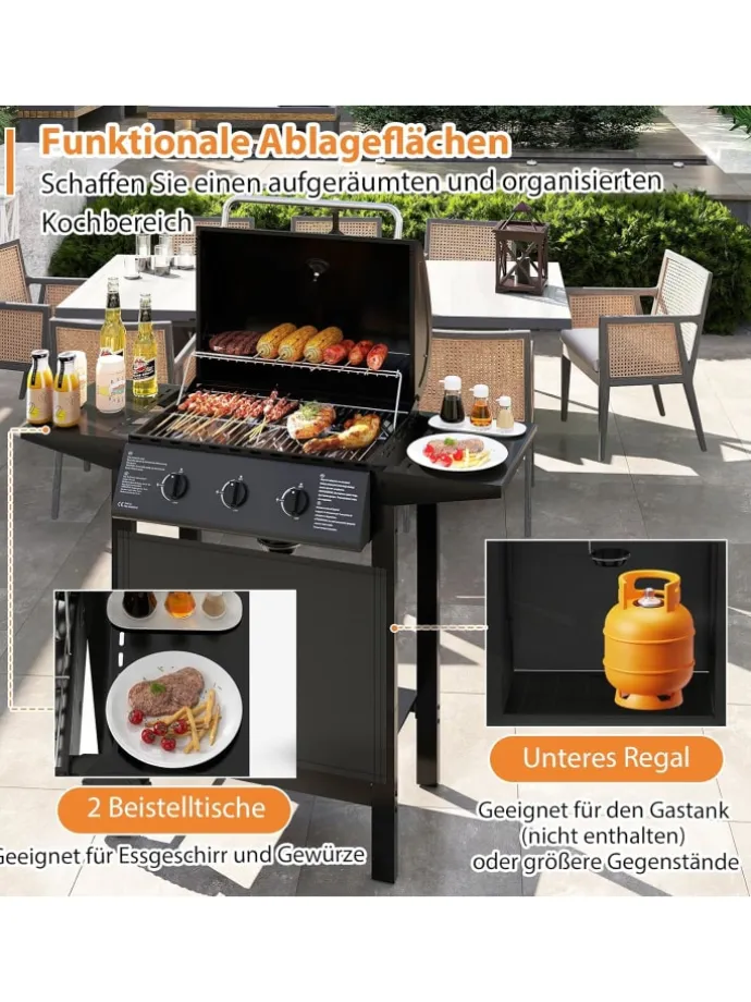 Gasgrill mit 3 Brenner 7 kW in Schwarz