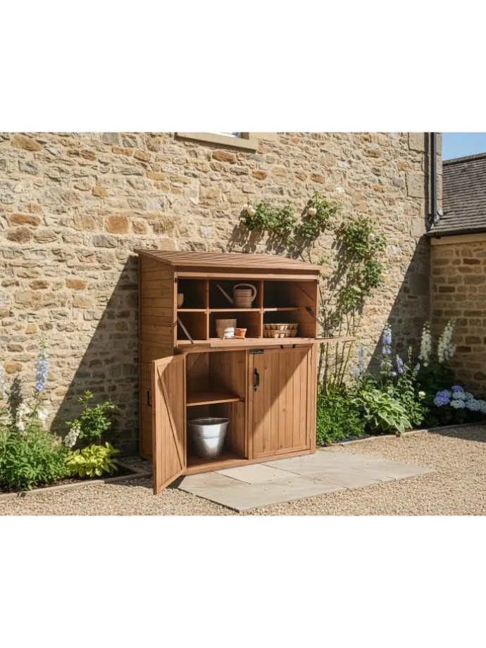 Gerätehaus mit Holzunterstand TOFFIA in Braun - (W) 127 x (H) 160 x (L) 66 cm