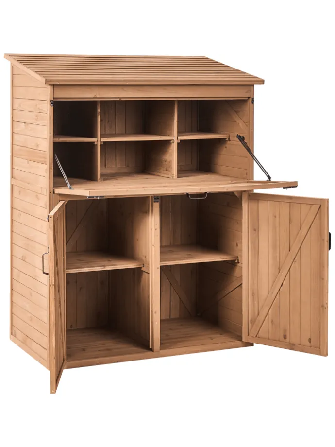 Gerätehaus mit Holzunterstand TOFFIA in Braun - (W) 127 x (H) 160 x (L) 66 cm