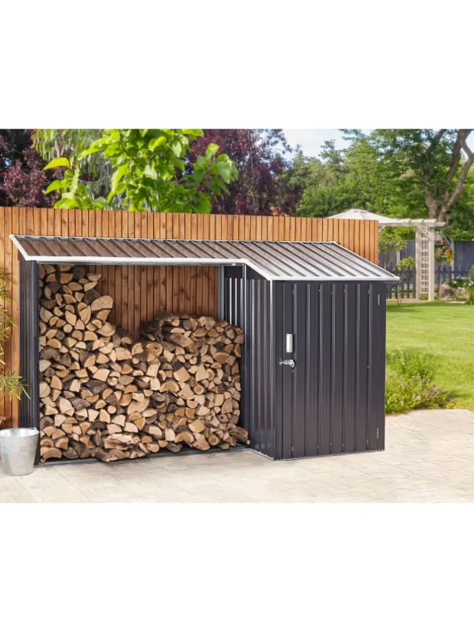 Gerätehaus mit Holzunterstand AOSTA in Grau - (W) 270 x (H) 158 x (L) 105 cm