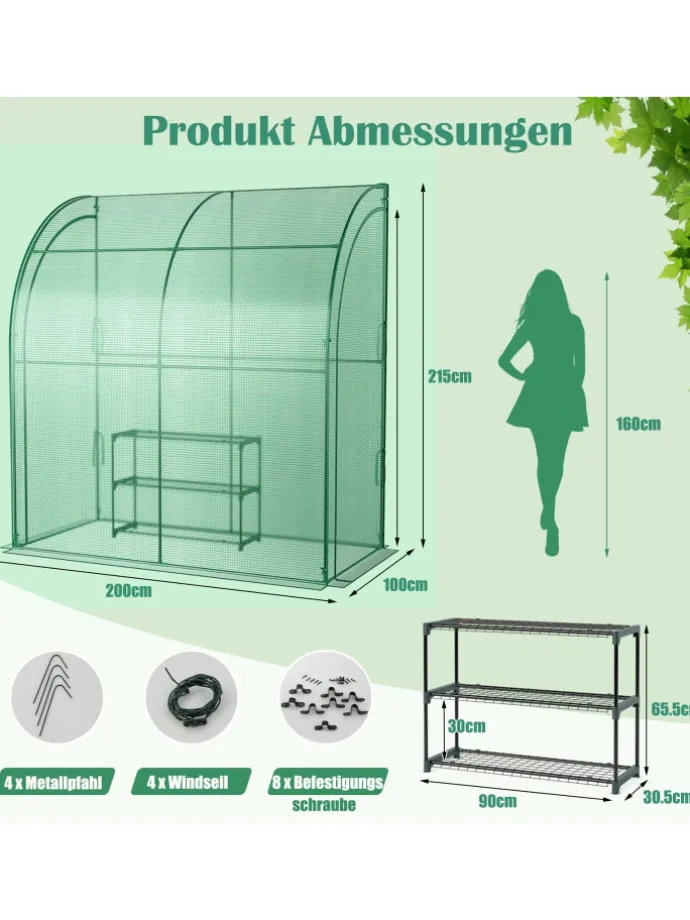 Gewächshaus begehbar mit drei Regalebenen 200x100x215cm in Grün