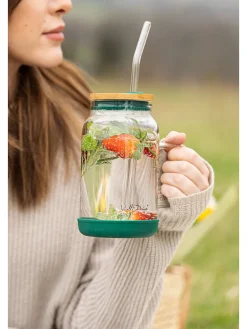 Glas mit Trinkhalm in Grün - 600 ml