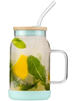 Glas mit Trinkhalm in Hellblau - 600 ml