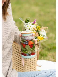 Glas mit Trinkhalm in Hellblau - 600 ml