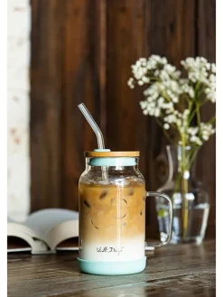 Glas mit Trinkhalm in Hellblau - 600 ml