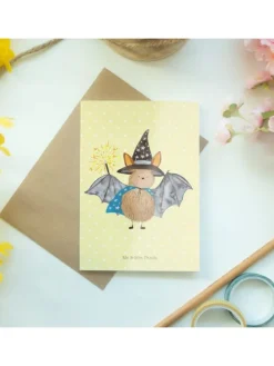 Glückwunschkarte Fledermaus Zauberer ohne Spruch in Gelb Pastell